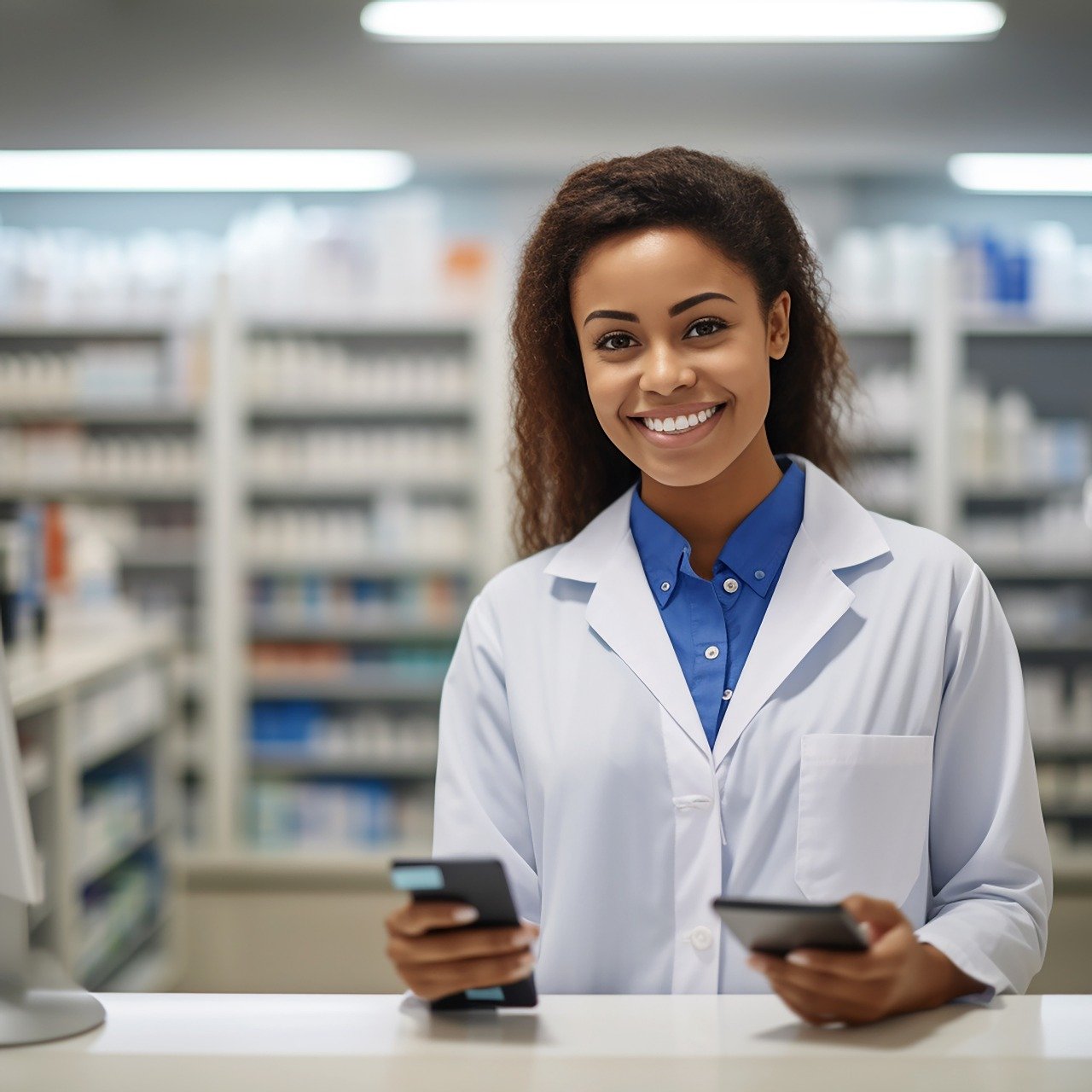Pharmaceutical professional examining medicines, symbolizing expertise and quality control.